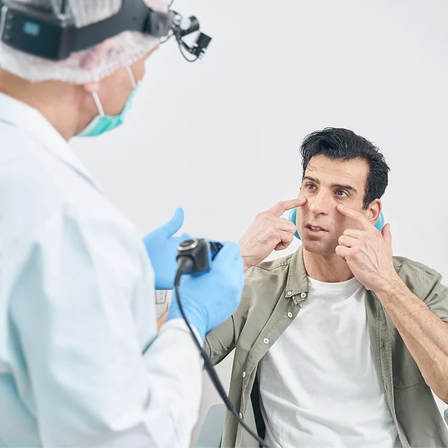 Man sitting in a chair with a doctor wearing a mask and gloves standing beside him