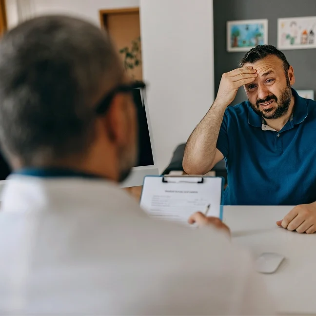Man sitting at a desk with his head in his hands, looking at a doctor who is holding a paper